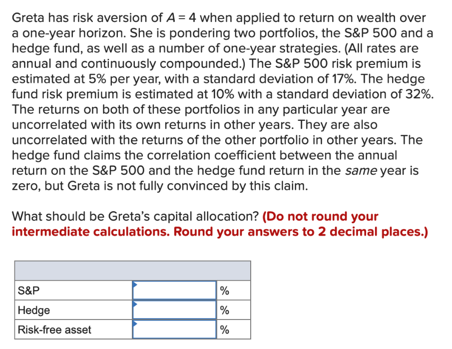 Greta has risk aversion of A = 4 when applied to return on wealth over
a one-year horizon. She is pondering two portfolios, the S&P 500 and a
hedge fund, as well as a number of one-year strategies. (All rates are
annual and continuously compounded.) The S&P 500 risk premium is
estimated at 5% per year, with a standard deviation of 17%. The hedge
fund risk premium is estimated at 10% with a standard deviation of 32%.
The returns on both of these portfolios in any particular year are
uncorrelated with its own returns in other years. They are also
uncorrelated with the returns of the other portfolio in other years. The
hedge fund claims the correlation coefficient between the annual
return on the S&P 500 and the hedge fund return in the same year is
zero, but Greta is not fully convinced by this claim.
What should be Greta's capital allocation? (Do not round your
in mediate calculations. Round your answers to 2 decimal places.)
S&P
Hedge
Risk-free asset
%
%
%
