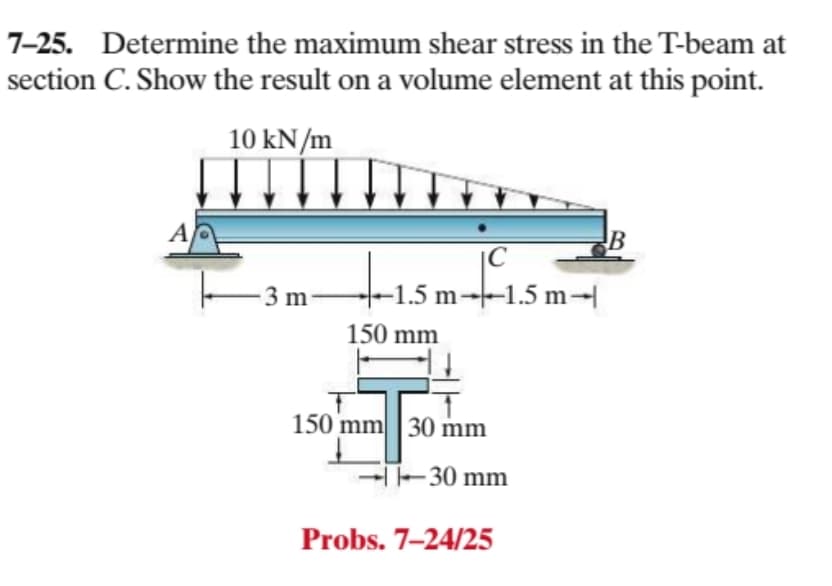 7-25. Determine the maximum shear stress in the T-beam at
section C. Show the result on a volume element at this point.
10 kN/m
A
|C
3 m
-1.5 m--1.5 m-|
150 mm
150 mm |30 mm
E
- 30 mm
Probs. 7-24/25
