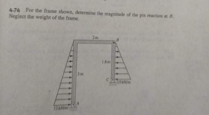 4-74 For the frame shown, determine the magnitude of the pin reaction at 8.
Neglect the weight of the frame.
1.8m
3m
15KN/m
12KN/m
