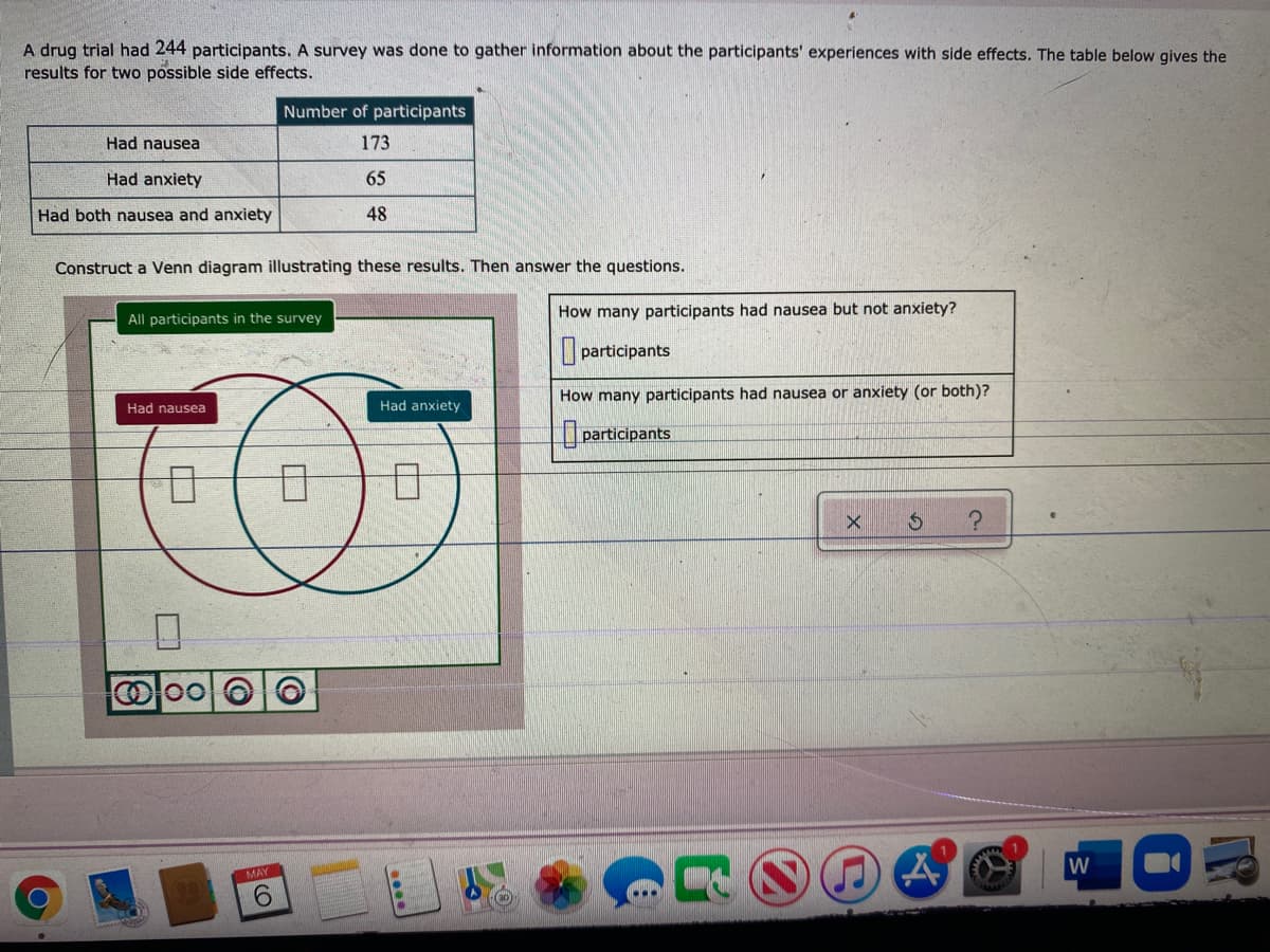 A drug trial had 244 participants. A survey was done to gather information about the participants' experiences with side effects. The table below gives the
results for two possible side effects.
Number of participants
Had nausea
173
Had anxiety
65
Had both nausea and anxiety
48
Construct a Venn diagram illustrating these results. Then answer the questions.
All participants in the survey
How many participants had nausea but not anxiety?
participants
How many participants had nausea or anxiety (or both)?
Had nausea
Had anxiety
participants
Ooo O
W
MAY
