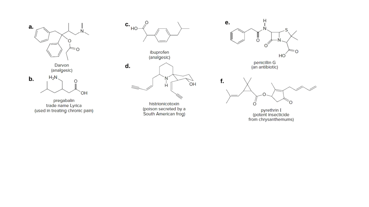 е.
с.
но
а.
ibuprofen
(analgesic)
но
penicillin G
(an antibiotic)
Darvon
d.
(analgesic)
b.
H,N.
f.
OH
HO,
pregabalin
trade name Lyrica
(used in treating chronic pain)
histrionicotoxin
(poison secreted by a
South American frog)
pyrethrin I
(potent insecticide
from chrysanthemums)
I-Z
