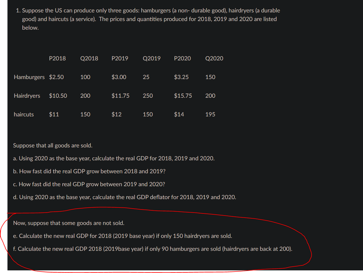 1. Suppose the US can produce only three goods: hamburgers (a non- durable good), hairdryers (a durable
good) and haircuts (a service). The prices and quantities produced for 2018, 2019 and 2020 are listed
below.
P2018
Q2018
P2019
Q2019
P2020
Q2020
Hamburgers $2.50
100
$3.00
25
$3.25
150
Hairdryers
$10.50
200
$11.75
250
$15.75
200
haircuts
$11
150
$12
150
$14
195
Suppose that all goods are sold.
a. Using 2020 as the base year, calculate the real GDP for 2018, 2019 and 2020.
b. How fast did the real GDP grow between 2018 and 2019?
c. How fast did the real GDP grow between 2019 and 2020?
d. Using 2020 as the base year, calculate the real GDP deflator for 2018, 2019 and 2020.
Now, suppose that some goods are not sold.
e. Calculate the new real GDP for 2018 (2019 base year) if only 150 hairdryers are sold.
f. Calculate the new real GDP 2018 (2019base year) if only 90 hamburgers are sold (hairdryers are back at 200).
