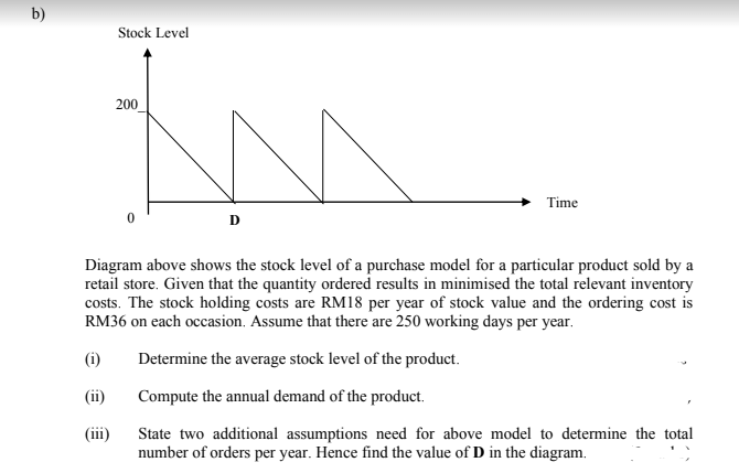 b)
Stock Level
200
Time
D
Diagram above shows the stock level of a purchase model for a particular product sold by a
retail store. Given that the quantity ordered results in minimised the total relevant inventory
costs. The stock holding costs are RM18 per year of stock value and the ordering cost is
RM36 on each occasion. Assume that there are 250 working days per year.
(i)
Determine the average stock level of the product.
(ii)
Compute the annual demand of the product.
State two additional assumptions need for above model to determine the total
number of orders per year. Hence find the value of D in the diagram.
(iii)
