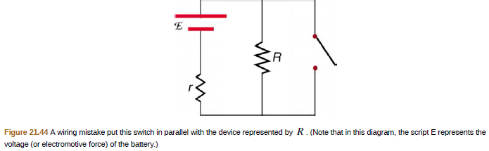 .R
Figure 21.44 A wiring mistake put this switch in parallel with the device represented by R. (Note that in this diagram, the script E represents the
voltage (or electromotive force) of the battery.)
