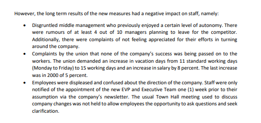 However, the long term results of the new measures had a negative impact on staff, namely:
Disgruntled middle management who previously enjoyed a certain level of autonomy. There
were rumours of at least 4 out of 10 managers planning to leave for the competitor.
Additionally, there were complaints of not feeling appreciated for their efforts in turning
around the company.
• Complaints by the union that none of the company's success was being passed on to the
workers. The union demanded an increase in vacation days from 11 standard working days
(Monday to Friday) to 15 working days and an increase in salary by 8 percent. The last increase
was in 2000 of 5 percent.
• Employees were displeased and confused about the direction of the company. Staff were only
notified of the appointment of the new EVP and Executive Team one (1) week prior to their
assumption via the company's newsletter. The usual Town Hall meeting used to discuss
company changes was not held to allow employees the opportunity to ask questions and seek
clarification.

