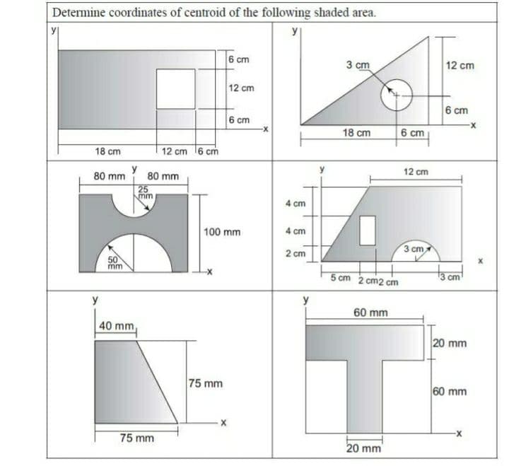 Determine coordinates of centroid of the following shaded area.
y
6 cm
3 сm
12 cm
12 cm
6 cm
6 cm
18 cm
6 cm
18 cm
12 cm 16 cm
y
80 mm
12 cm
80 mm
25
mm
4 cm
100 mm
4 cm
3 cm
2 cm
50
mm
to aml
5 cm 2 cm2 cm
y
y
60 mm
40 mm,
20 mm
75 mm
60 mm
75 mm
20 mm
