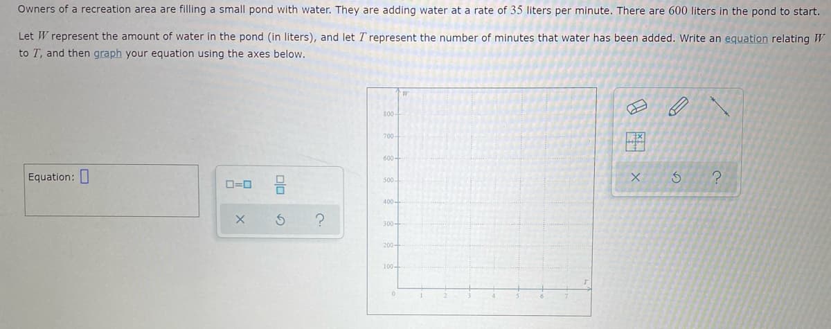 Owners of a recreation area are filling a small pond with water. They are adding water at a rate of 35 liters per minute. There are 600 liters in the pond to start.
Let W represent the amount of water in the pond (in liters), and let T represent the number of minutes that water has been added. Write an equation relating W
to T, and then graph your equation using the axes below.
800
700
600
Equation:
500
D=D
400-
300-
200-
100-
