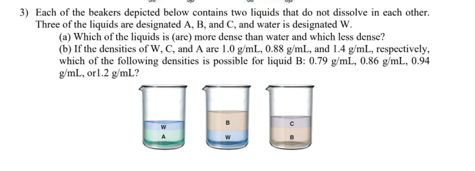 3) Each of the beakers depicted below contains two liquids that do not dissolve in each other.
Three of the liquids are designated A, B, and C, and water is designated W.
(a) Which of the liquids is (are) more dense than water and which less dense?
(b) If the densities of W, C, and A are 1.0 g/mL, 0.88 g/mL, and 1.4 g/mL, respectively,
which of the following densities is possible for liquid B: 0.79 g/mL, 0.86 g/mL, 0.94
g/mL, orl.2 g/mL?
A
w
