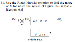 31. Use the Routh-Hurwitz criterion to find the range
of K for which the system of Figure P6.6 is stable.
[Section: 6.4]
R(s)
Els)
Cs)
K(-2s + 2)
+25 +4
FIGURE P6.6
