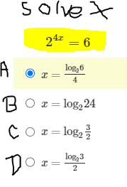 Solvex
24 = 6
A
log₂6
4
BO x = log₂24
Cor= log₂
DoT=
log₂3
2
x =