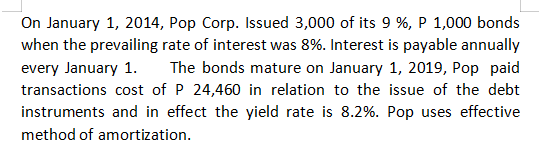 On January 1, 2014, Pop Corp. Issued 3,000 of its 9 %, P 1,000 bonds
when the prevailing rate of interest was 8%. Interest is payable annually
every January 1.
transactions cost of P 24,460 in relation to the issue of the debt
The bonds mature on January 1, 2019, Pop paid
instruments and in effect the yield rate is 8.2%. Pop uses effective
method of amortization.
