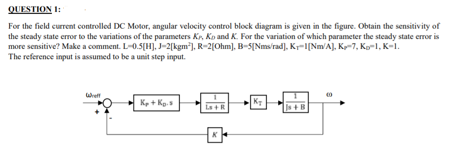 QUESTION 1:
For the field current controlled DC Motor, angular velocity control block diagram is given in the figure. Obtain the sensitivity of
the steady state error to the variations of the parameters Kp, Kp and K. For the variation of which parameter the steady state error is
more sensitive? Make a comment. L=0.5[H], J=2[kgm²], R=2[Ohm], B=5[Nms/rad], Kr=1[Nm/A], Kp=7, Kp=1, K=1.
The reference input is assumed to be a unit step input.
Wreff
Kp + Kp. s
KT
Ls +R
Js + B
K
