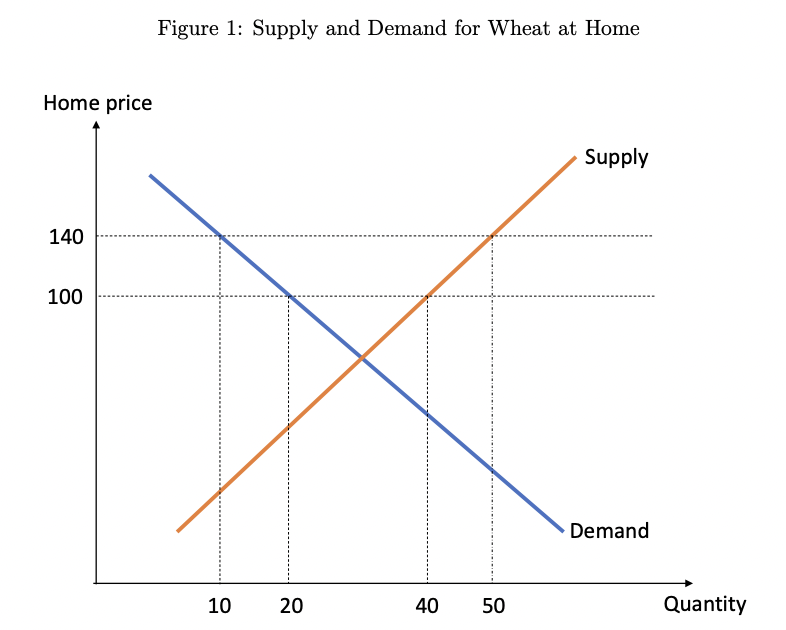Home price
140
100
Figure 1: Supply and Demand for Wheat at Home
10
20
40
50
Supply
Demand
Quantity