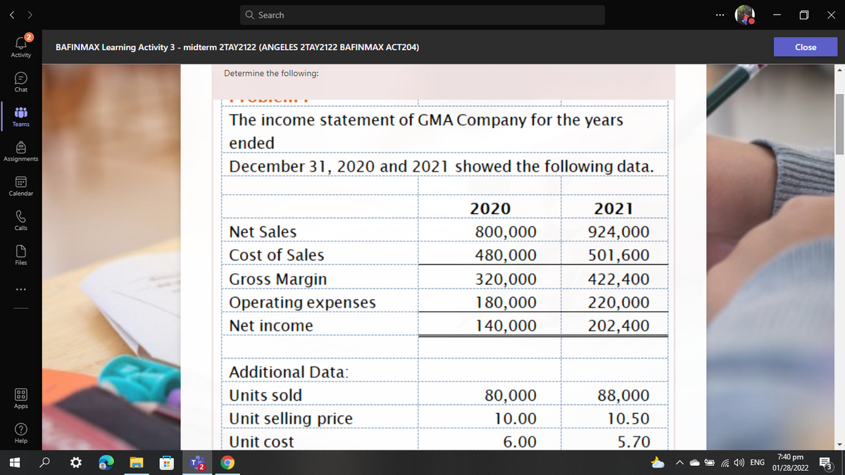 Q Search
BAFINMAX Learning Activity 3 - midterm 2TAY2122 (ANGELES 2TAY2122 BAFINMAX ACT204)
Close
Activity
Determine the following:
Chat
The income statement of GMA Company for the years
Teams
ended
Assignments
December 31, 2020 and 2021 showed the following data.
田
Calendar
2020
2021
Calls
Net Sales
800,000
924,000
Cost of Sales
Gross Margin
Operating expenses
Net income
480,000
320,000
180,000
140,000
501,600
422,400
220,000
202,400
Additional Data:
80,000
Units sold
Unit selling price
88,000
Apps
10.00
10.50
Unit cost
6.00
5.70
Help
7:40 pm
01/28/2022
a 4) ENG
