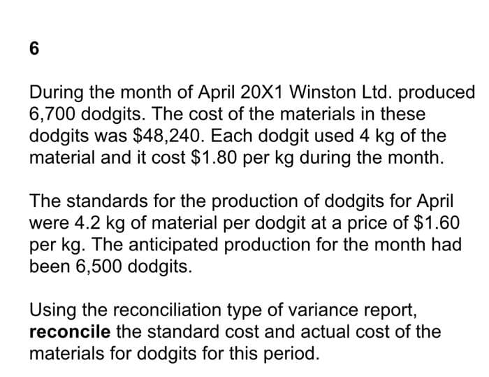 6
During the month of April 20X1 Winston Ltd. produced
6,700 dodgits. The cost of the materials in these
dodgits was $48,240. Each dodgit used 4 kg of the
material and it cost $1.80 per kg during the month.
The standards for the production of dodgits for April
were 4.2 kg of material per dodgit at a price of $1.60
per kg. The anticipated production for the month had
been 6,500 dodgits.
Using the reconciliation type of variance report,
reconcile the standard cost and actual cost of the
materials for dodgits for this period.
