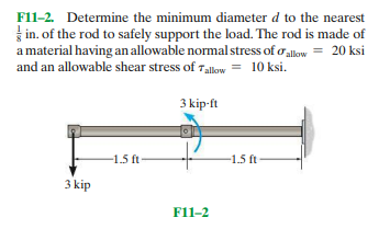 F11-2. Determine the minimum diameter d to the nearest
in. of the rod to safely support the load. The rod is made of
a material having an allowable normal stress of olow = 20 ksi
and an allowable shear stress of Tallow = 10 ksi.
3 kip-ft
-1.5 ft
-1.5 ft-
3 kip
F11-2
