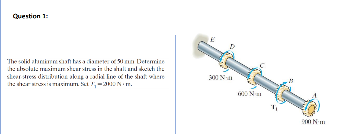 Question 1:
E
The solid aluminum shaft has a diameter of 50 mm. Determine
the absolute maximum shear stress in the shaft and sketch the
shear-stress distribution along a radial line of the shaft where
the shear stress is maximum. Set T,=2000 N · m.
300 N-m
B
600 N.m
T1
900 N-m
