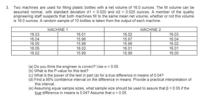 3. Two machines are used for filling plastic bottles with a net volume of 16.0 ounces. The fill volume can be
assumed normal, with standard deviation o1 = 0.020 and o2 = 0.025 ounces. A member of the quality
engineering staff suspects that both machines fill to the same mean net volume, whether or not this volume
is 16.0 ounces. A random sample of 10 bottles is taken from the output of each machine.
MACHINE 1
MACHINE 2
16.02
15.97
16.03
16.01
16.03
16.04
16.05
15.96
16.04
16.02
16.01
15.98
15.96
16.05
16.02
16.01
16.02
15.99
15.99
16.00
(a) Do you think the engineer is correct? Use a = 0.05.
(b) What is the P-value for this test?
(c) What is the power of the test in part (a) for a true difference in means of 0.04?
(d) Find a 95% confidence interval on the difference in means. Provide a practical interpretation of
this interval.
(e) Assuming equal sample sizes, what sample size should be used to assure that B = 0.05 if the
true difference in means is 0.04? Assume that a = 0.05.
