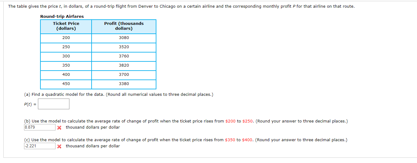 The table gives the price t, in dollars, of a round-trip flight from Denver to Chicago on a certain airline and the corresponding monthly profit P for that airline on that route.
Round-trip Airfares
Profit (thousands
dollars)
Ticket Price
(dollars)
200
3080
250
3520
300
3760
350
3820
400
3700
450
3380
(a) Find a quadratic model for the data. (Round all numerical values to three decimal places.)
P(t) =
(b) Use the model to calculate the average rate of change of profit when the ticket price rises from $200 to $250. (Round your answer to three decimal places.)
thousand dollars per dollar
8.879
(c) Use the model to calculate the average rate of change of profit when the ticket price rises from $350 to $400. (Round your answer to three decimal places.)
2.221
Xthousand dollars per dollar
