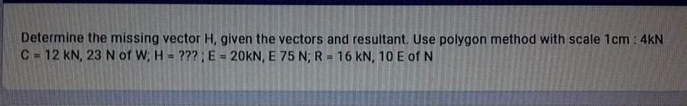 Determine the missing vector H, given the vectors and resultant. Use polygon method with scale 1cm: 4kN
C = 12 kN, 23N of W; H = ???; E = 20KN, E 75 N; R = 16 kN, 10 E of N
