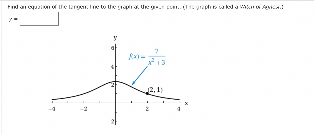Find an equation of the tangent line to the graph at the given point. (The graph is called a Witch of Agnesi.)
y =
y
6-
7
f(x) =
x² +3
(2, 1)
-4
-2
2
4
-2|
