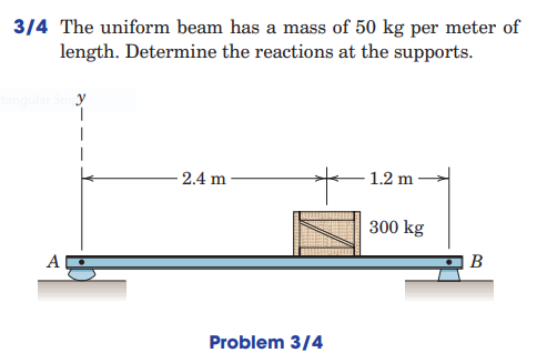 3/4 The uniform beam has a mass of 50 kg per meter of
length. Determine the reactions at the supports.
- 2.4 m
1.2 m
300 kg
B
A
Problem 3/4
