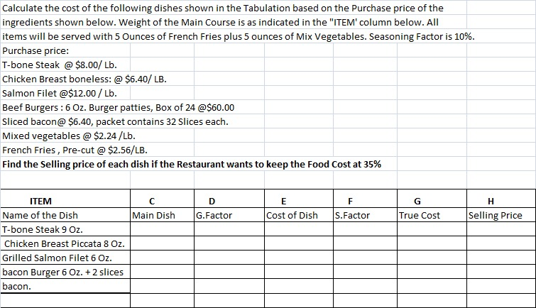 Calculate the cost of the following dishes shown in the Tabulation based on the Purchase price of the
ingredients shown below. Weight of the Main Course is as indicated in the "ITEM' column below. All
items will be served with 5 Ounces of French Fries plus 5 ounces of Mix Vegetables. Seasoning Factor is 10%.
Purchase price:
T-bone Steak @ $8.00/ Lb.
Chicken Breast boneless: @ $6.40/ LB.
Salmon Filet @$12.00/ Lb.
Beef Burgers : 6 Oz. Burger patties, Box of 24 @$60.00
Sliced bacon@ $6.40, packet contains 32 Slices each.
Mixed vegetables @ $2.24 /Lb.
French Fries , Pre-cut @ $2.56/LB.
Find the Selling price of each dish if the Restaurant wants to keep
Food Cost at 35%
ITEM
D
E
G
Name of the Dish
T-bone Steak 9 Oz.
Chicken Breast Piccata 8 Oz.
Main Dish
G.Factor
Cost of Dish
S.Factor
True Cost
Selling Price
Grilled Salmon Filet 6 Oz.
bacon Burger 6 Oz. + 2 slices
bacon.
