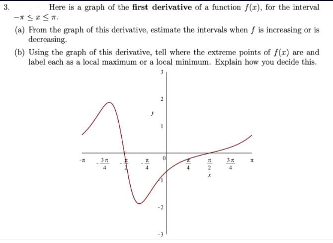 3.
Here is a graph of the first derivative of a function f(r), for the interval
(a) From the graph of this derivative, estimate the intervals when f is increasing or is
decreasing.
(b) Using the graph of this derivative, tell where the extreme points of f(x) are and
label each as a local maximum or a local minimum. Explain how you decide this.
4
2
-3
