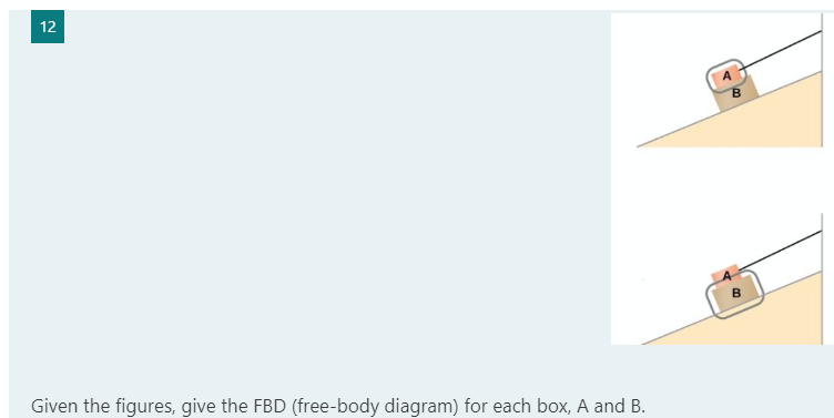 12
B
Given the figures, give the FBD (free-body diagram) for each box, A and B.
