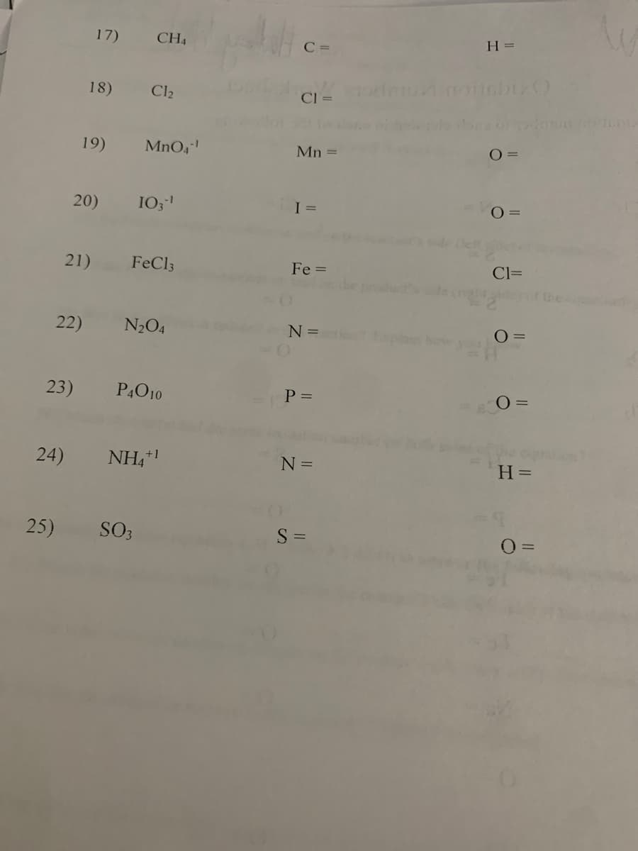 24)
22)
23)
25)
17)
18)
19)
20)
21)
CH4
Cl₂
MnO4¹
103-1
FeCl3
SO3
N₂O4
P4010
NH4+1
CI=
Mn =
I =
Fe=
N =
P =
N =
S =
H =
O =
O=
Cl=
O=
0 =
H=
0 =