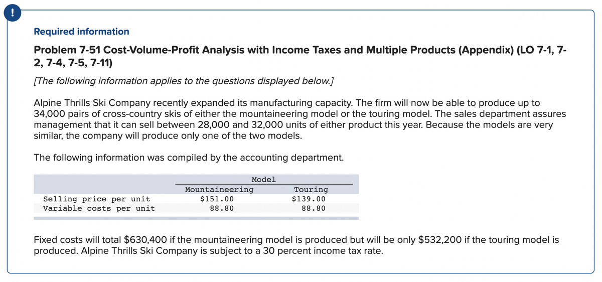 Required information
Problem 7-51 Cost-Volume-Profit Analysis with Income Taxes and Multiple Products (Appendix) (LO 7-1, 7-
2, 7-4, 7-5, 7-11)
[The following information applies to the questions displayed below.]
Alpine Thrills Ski Company recently expanded its manufacturing capacity. The firm will now be able to produce up to
34,000 pairs of cross-country skis of either the mountaineering model or the touring model. The sales department assures
management that it can sell between 28,000 and 32,000 units of either product this year. Because the models are very
similar, the company will produce only one of the two models.
The following information was compiled by the accounting department.
Selling price per unit
Variable costs per unit
Model
Mountaineering
$151.00
88.80
Touring
$139.00
88.80
Fixed costs will total $630,400 if the mountaineering model is produced but will be only $532,200 if the touring model is
produced. Alpine Thrills Ski Company is subject to a 30 percent income tax rate.