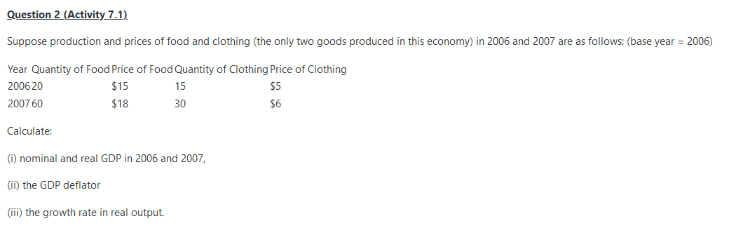 Question 2 (Activity 7.1)
Suppose production and prices of food and clothing (the only two goods produced in this economy) in 2006 and 2007 are as follows: (base year = 2006)
Year Quantity of Food Price of Food Quantity of Clothing Price of Clothing
2006 20
$15
15
$5
2007 60
$18
30
$6
Calculate:
(i) nominal and real GDP in 2006 and 2007,
(ii) the GDP deflator
(iii) the growth rate in real output.
