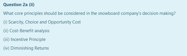 Question 2a (ii)
What core principles should be considered in the snowboard company's decision making?
(1) Scarcity, Choice and Opportunity Cost
(ii) Cost-Benefit analysis
(iii) Incentive Principle
(iv) Diminishing Returns
