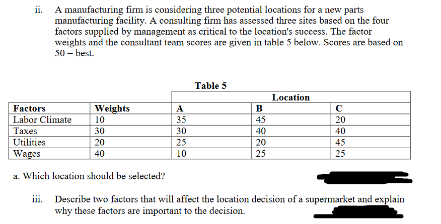 A manufacturing firm is considering three potential locations for a new parts
manufacturing facility. A consulting firm has assessed three sites based on the four
factors supplied by management as critical to the location's success. The factor
weights and the consultant team scores are given in table 5 below. Scores are based on
50 = best.
ii.
Table 5
Location
Factors
Labor Climate
Weights
10
A
В
C
35
45
20
Таxes
30
30
40
40
Utilities
20
25
20
45
Wages
40
10
25
25
a. Which location should be selected?
iii. Describe two factors that will affect the location decision of a supermarket and explain
why these factors are important to the decision.
