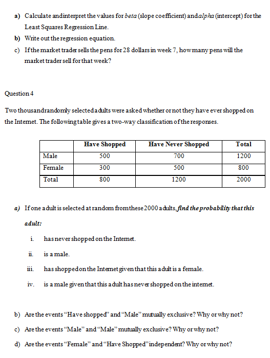 a) Calculate and interpret the values for beta (slope coefficient) and alpha (intercept) for the
Least Squares Regression Line.
b) Write out the regression equation.
c) If the market trader sells the pens for 28 dollars in week 7, how many pens will the
market trader sell for that week?
Question 4
Two thousandrandomly selected adults were asked whether or not they have ever shopped on
the Internet. The following table gives a two-way classification of the responses.
Have Shopped
Have Never Shopped
Total
Male
500
700
1200
Female
300
500
800
Total
800
1200
2000
a) If one adult is selected at random from these 2000 adults, find the probability that this
adult:
i.
has never shopped on the Internet.
ii.
is a male.
111.
has shopped on the Internet given that this adult is a female.
iv.
is a male given that this adult has never shopped on the internet.
b) Are the events "Have shopped" and "Male" mutually exclusive? Why or why not?
c) Are the events Male" and "Male" mutually exclusive? Why or why not?
d) Are the events "Female" and "Have Shopped" independent? Why or why not?