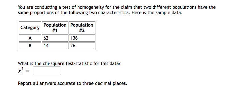 You are conducting a test of homogeneity for the claim that two different populations have the
same proportions of the following two characteristics. Here is the sample data.
Category
A
B
Population
# 1
62
14
Population
#2
136
26
What is the chi-square test-statistic for this data?
x² =
Report all answers accurate to three decimal places.