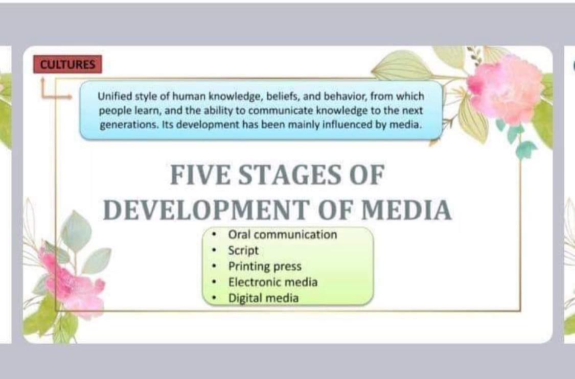 CULTURES
Unified style of human knowledge, beliefs, and behavior, from which
people learn, and the ability to communicate knowledge to the next
generations. Its development has been mainly influenced by media.
FIVE STAGES OF
DEVELOPMENT OF MEDIA
Oral communication
Script
Printing press
Electronic media
Digital media