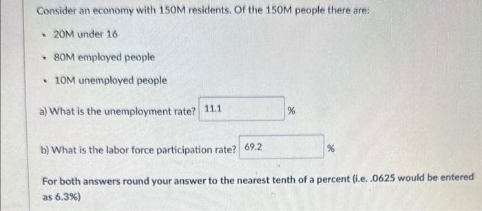 Consider an economy with 150M residents. Of the 150M people there are:
20M under 16
80M employed people
• 10M unemployed people
a) What is the unemployment rate? 11.1
%
b) What is the labor force participation rate? 69.2
For both answers round your answer to the nearest tenth of a percent (i.e. .0625 would be entered
as 6.3%)
%
