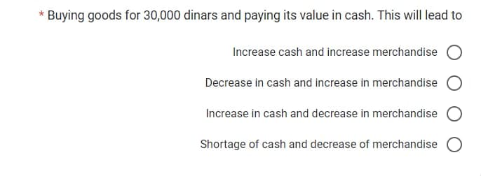 * Buying goods for 30,000 dinars and paying its value in cash. This will lead to
Increase cash and increase merchandise O
Decrease in cash and increase in merchandise O
Increase in cash and decrease in merchandise O
Shortage of cash and decrease of merchandise O