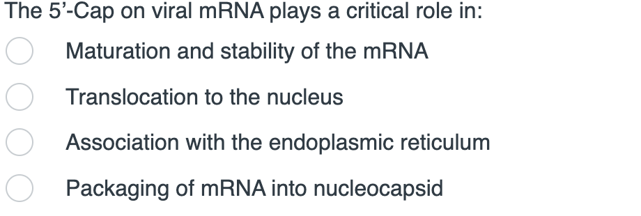 The 5'-Cap on viral MRNA plays a critical role in:
Maturation and stability of the MRNA
Translocation to the nucleus
Association with the endoplasmic reticulum
Packaging of mRNA into nucleocapsid
