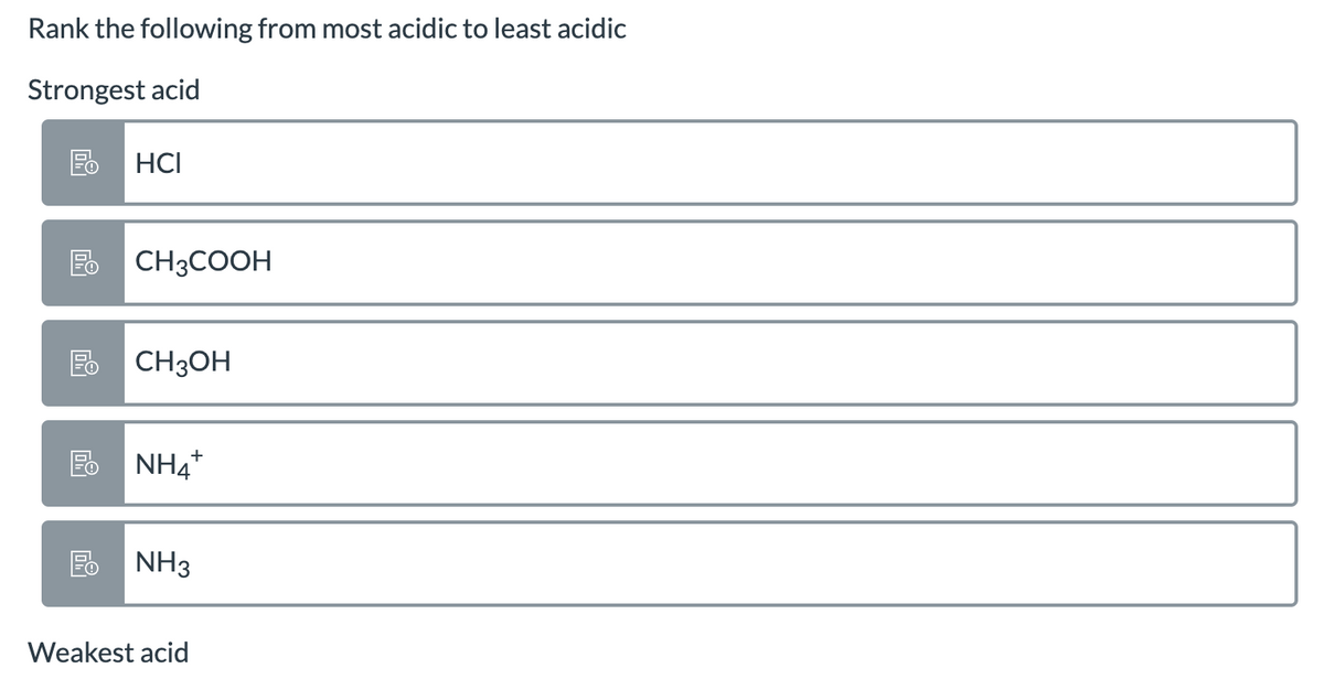 Rank the following from most acidic to least acidic
Strongest acid
HCI
E CH3COOH
E CH3OH
Fo NH4*
+
Po NH3
Weakest acid
