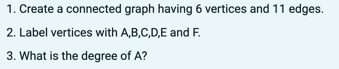 1. Create a connected graph having 6 vertices and 11 edges.
2. Label vertices with A,B,C,D,E and F.
3. What is the degree of A?
