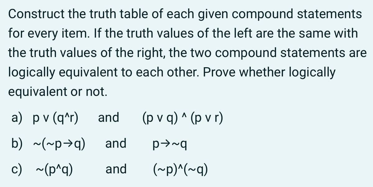 Construct the truth table of each given compound statements
for every item. If the truth values of the left are the same with
the truth values of the right, the two compound statements are
logically equivalent to each other. Prove whether logically
equivalent or not.
a) pv (q^r)
and
(p v q) ^ (p v r)
b) ~(~p→q)
and
c) ~(p^q)
and
(~p)^(~q)
