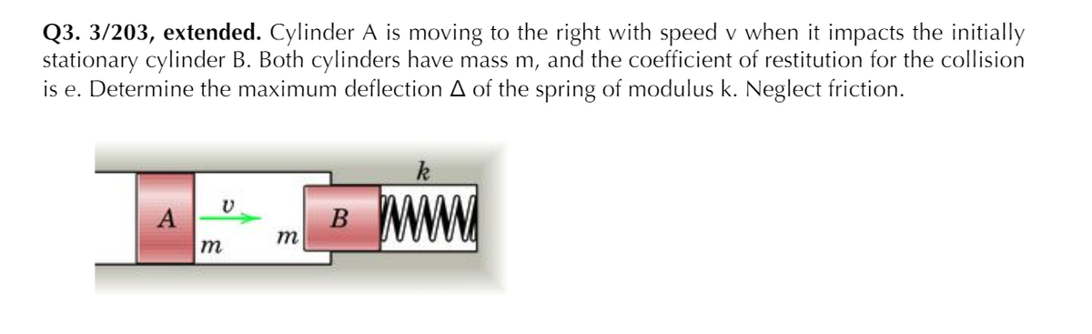 Q3. 3/203, extended. Cylinder A is moving to the right with speed v when it impacts the initially
stationary cylinder B. Both cylinders have mass m, and the coefficient of restitution for the collision
is e. Determine the maximum deflection A of the spring of modulus k. Neglect friction.
www
A
m
