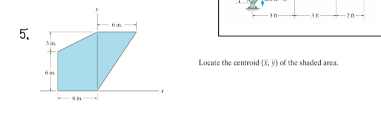 -3 ft-
3 ft
2 ft
6 in.
5.
3 in.
Locate the centroid (X, y) of the shaded area.
6 in.
6 in.
