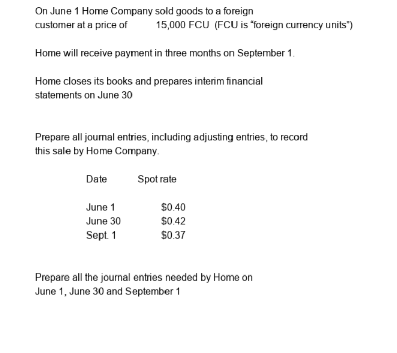 On June 1 Home Company sold goods to a foreign
customer at a price of
15,000 FCU (FCU is “foreign currency units")
Home will receive payment in three months on September 1.
Home closes its books and prepares interim financial
statements on June 30
Prepare all journal entries, including adjusting entries, to record
this sale by Home Company.
Date
Spot rate
June 1
$0.40
June 30
$0.42
Sept. 1
$0.37
Prepare all the journal entries needed by Home on
June 1, June 30 and September 1
