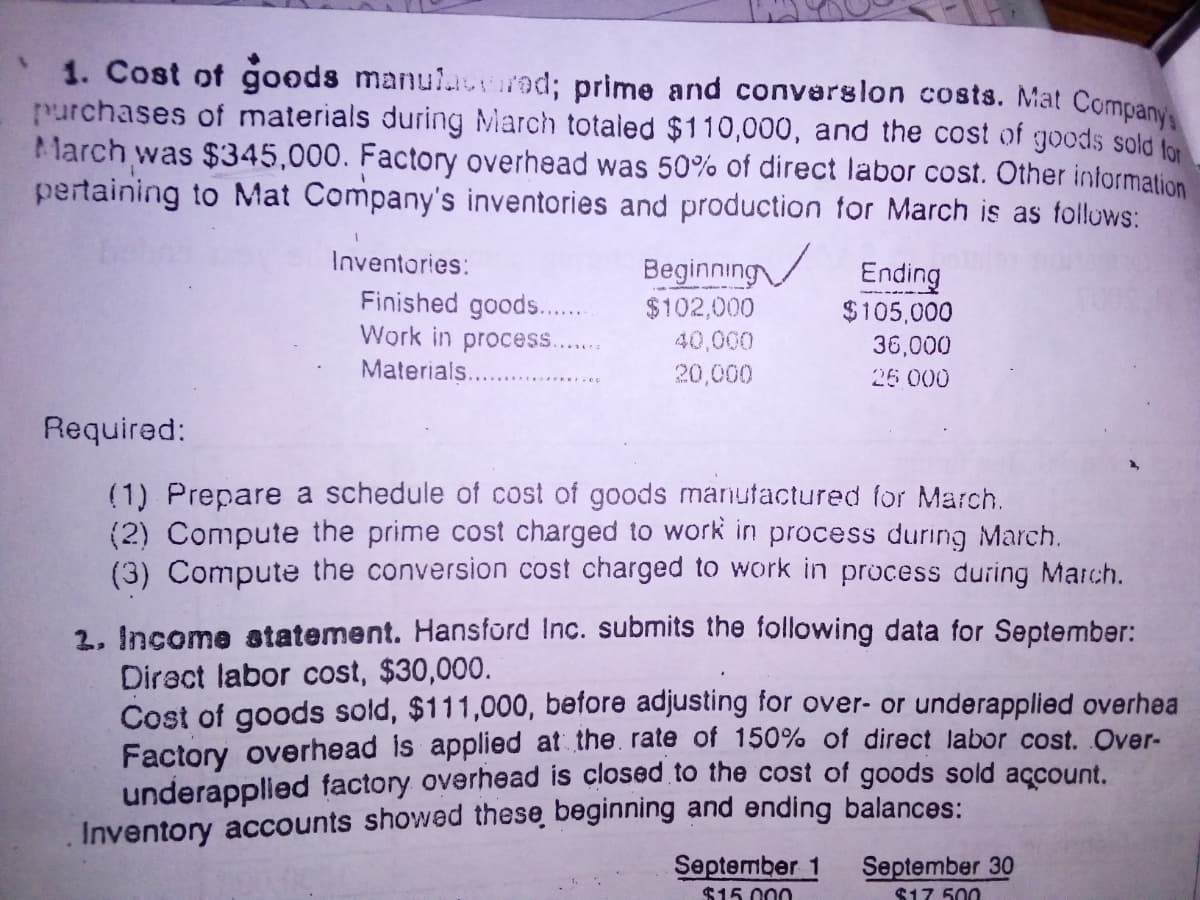 1. Cost of goods manul.wad; prime and converslon costs. Mat Company
purchases of materials during March totaled $110,000, and the cost of goods sold for
March was $345,000. Factory overhead was 50% of direct labor cost. Other information
pertaining to Mat Company's inventories and production tor March is as folluws:
Inventories:
Finished goods.
Work in process..
Materials.
Beginning
$102,000
40,000
Ending
$105,000
36,000
20,000
26 000
Required:
(1) Prepare a schedule of cost of goods manutactured for March.
(2) Compute the prime cost charged to work in process during March.
(3) Compute the conversion cost charged to work in process during March.
2, Income statement. Hansford Inc. submits the following data for September:
Diract labor cost, $30,000.
Cost of goods sold, $111,000, before adjusting for over- or underapplied overhea
Factory overhead is applied at the. rate of 150% of direct labor cost. Over-
underapplied factory overhead is closed to the cost of goods sold account.
Inventory accounts showed these beginning and ending balances:
September 1
September 30
$15.000
$17 500
