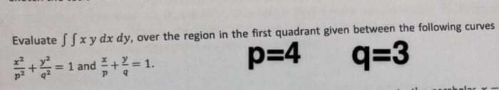 Evaluate f Sxy dx dy, over the region in the first quadrant given between the following curves
= 1 and + = 1.
p=4
q=3
