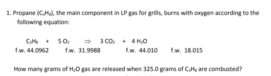 How many grams of H2O gas are released when 325.0 grams of C3H3 are combusted?
