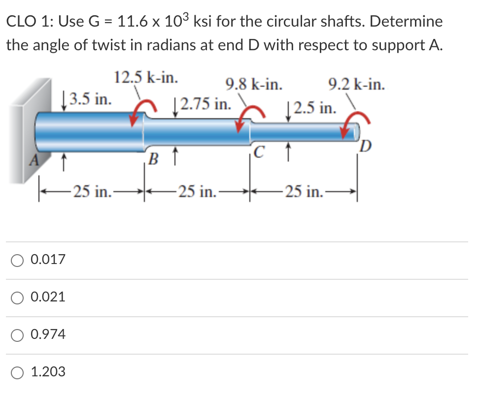 CLO 1: Use G = 11.6 x 103 ksi for the circular shafts. Determine
the angle of twist in radians at end D with respect to support A.
12.5 k-in.
9.8 k-in.
9.2 k-in.
|3.5 in.
|2.75 in.
|2.5 in.
D
A
B ↑
- 25 in.→
- 25 in.–
25 in.-
0.017
0.021
0.974
1.203
